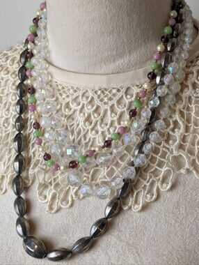 Curated Vintage Layered Necklace Trio Coquette Romantic Glass & Aurua Beads